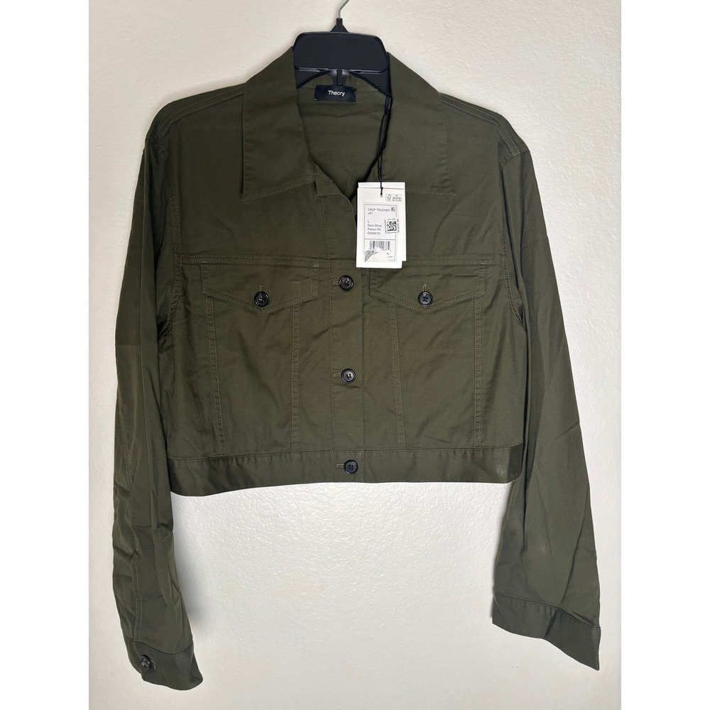 NWT Theory Woman's Crop Trucker Jacket Dark Olive Size L - Picture 2 of 5